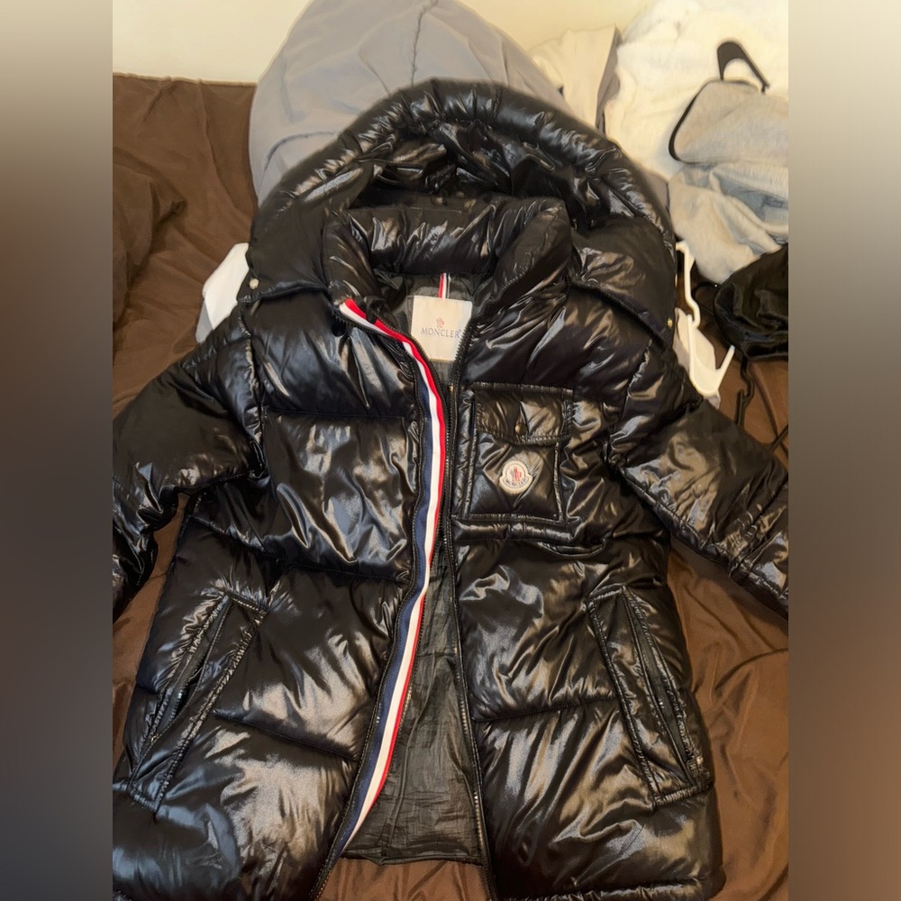 Moncler Black Glossy Puffer Jacket with Tricolor Trim